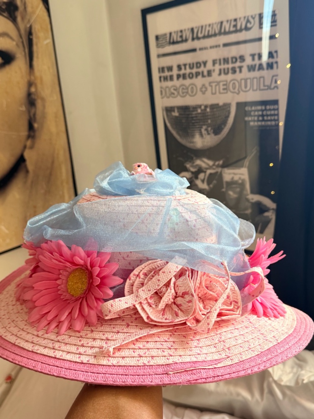 Kentucky Derby Hat Pink Floral Sun Hat with Blue Ribbon